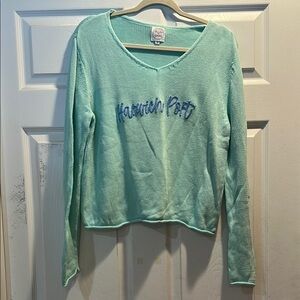 Pearls and Camo Harwich Port Aqua Lightweight Rolled Hem Sweater M summer preppy